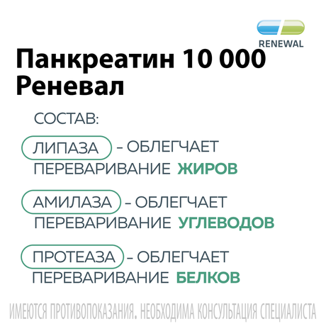 Фото Панкреатин Реневал 10 000 ЕД, таблетки кишечнорастворимые, покрытые пленочной оболочкой, 60 шт.