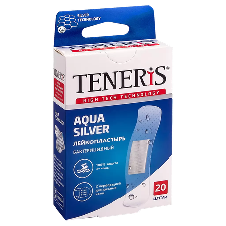 Фото Лейкопластырь Teneris Аqua Silver бактерицидный с ионами серебра на полимерной прозрачной основе (76 х19 мм), 20 шт.