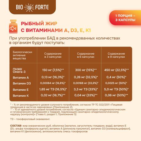 Фото Рыбный жир BioForte, капсулы с витаминами А, D, Е, К, 100 шт.