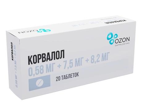 Фото Корвалол, таблетки, 0,58 мг+7,5 мг+8,2 мг, 20 шт.