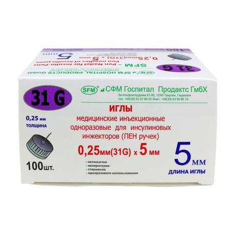 Фото SFM, игла для шприц-ручек 31G, 0.25 х 5 мм, 100 шт.