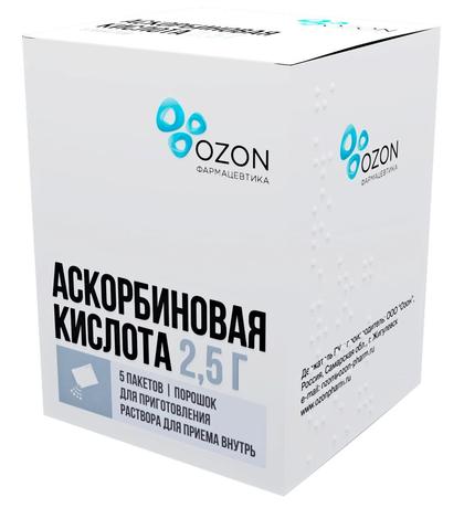 Фото Аскорбиновая кислота, порошок для приготовления раствора для приема внутрь, пакетики 2,5 г, 5 шт.