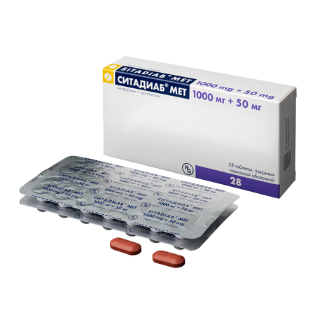 Фото Ситадиаб Мет, таблетки покрыт. плен. об. 1000 мг +50 мг, 28 шт.