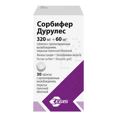 Фото Сорбифер Дурулес, таблетки с пролонгированным высвобождением, покрытые пленочной оболочкой 320 мг+60 мг, 30 шт.