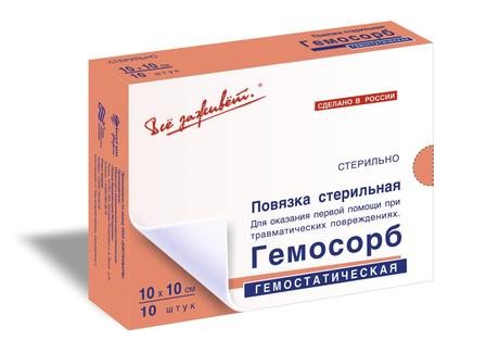 Фото Гемосорб, повязка гемостатическая стерильная (10 х 10 см), 10 шт.