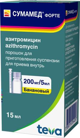 Фото Сумамед форте, порошок 200 мг/5 мл (банан), 15 мл