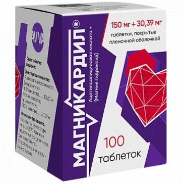 Фото Магникардил, таблетки в пленочной оболочке 150 мг+30,39 мг, банка 100 шт.