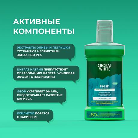 Фото Global White, ополаскиватель для полости рта освежающий Экстракт оливы и петрушки, 300 мл