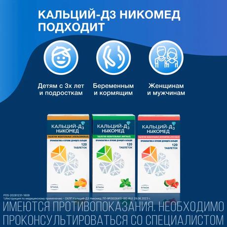 Фото Кальций Д3-Никомед, таблетки жевательные (мята) 500 мг+200 МЕ, 120 шт.