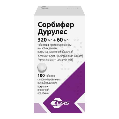 Фото Сорбифер Дурулес, таблетки с пролонгированным высвобождением, покрытые пленочной оболочкой 320 мг+60 мг, 100 шт.