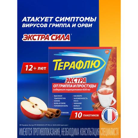 Фото ТераФлю Экстра со вкусом яблока и корицы жаропонижающее обезболивающее средство от симптомов гриппа и простуды, 10 шт.