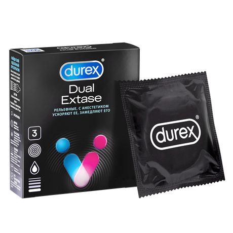 Фото Презервативы Durex Dual Extase, рельефные с анестетиком, 3 шт.