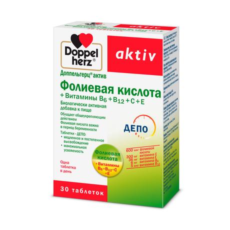 Фото Доппельгерц Актив Фолиевая кислота + витамины С, Е, В6, В12, таблетки, 30 шт.