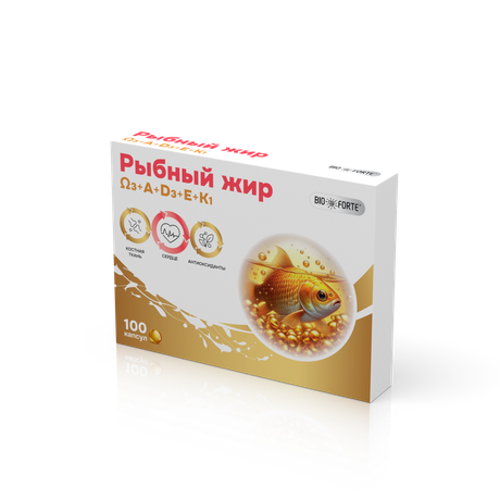 Фото Рыбный жир BioForte, капсулы с витаминами А, D, Е, К, 100 шт.