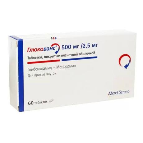 Фото Глюкованс, таблетки покрыт. плен. об. 2.5 мг+500 мг, 60 шт.