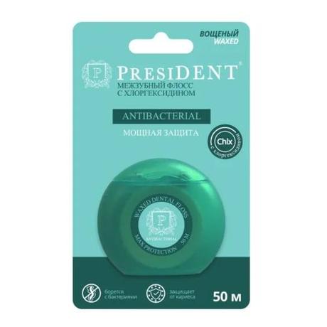 Фото ПрезиДент Антибактериал, межзубная нить с хлоргексидином 50 м, 1 шт.