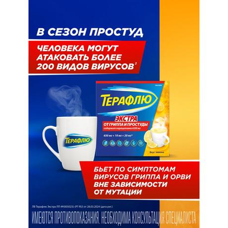 Фото ТераФлю Экстр,а жаропонижающее обезболивающее средство от симптомов гиппа и простуды, 10 шт.