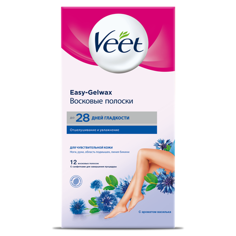 Фото Veet Easy Gel-wax, полоски восковые для депиляции (для чувствительной кожи, с ароматом василька), 12 шт.