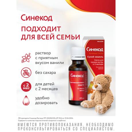 Фото Синекод 5 мг/мл, капли для приема внутрь для детей 20 мл, 1 шт.