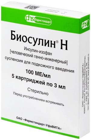 Фото Биосулин H,, суспензия для подкожного введения 100 ЕД/мл, картриджи 3 мл, 5 шт.