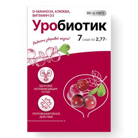 Д-манноза Уробиотик BioForte, порошок 2000 мг с экстрактом клюквы и витамином Д3, порошок саше, 7 шт.