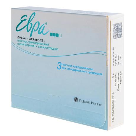 Фото Евра пластырь трансдермальный, 203 мкг + 33,9 мкг/24 ч пакетики, 3 шт. 
