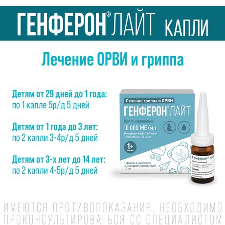 Фото Генферон Лайт, капли назальные 10000 МЕ/мл+0.8 мг/мл, 10 мл