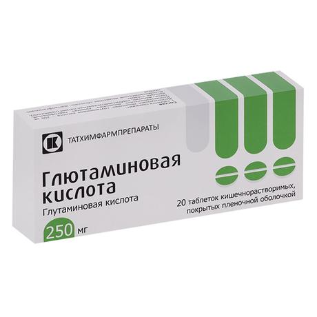Фото Глютаминовая кислота, таблетки кишечнорастворимые, покрытые пленочной оболочкой 250 мг, 20 шт.
