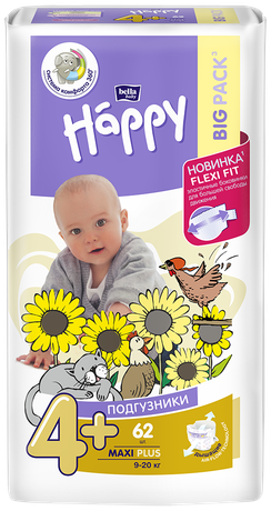 Фото Подгузники для детей Белла Бейби Хэппи Макси Плюс (9-20 кг), 62 шт.