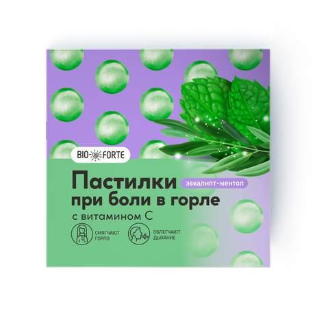 Фото Пастилки при боли в горле BioForte (эвкалипт/ментол), 9 шт.