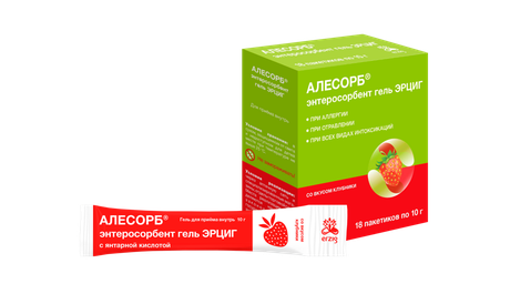 Фото Алесорб, энтеросорбент гель Эрциг (клубника), пакетики 10 г, 18 шт.