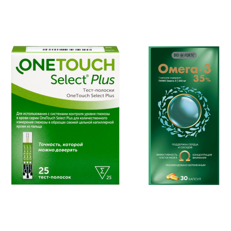 Фото Набор Тест-полоски One Touch Select Plus х25 и Омега-3, 35% BioForte капс 1400мг х30