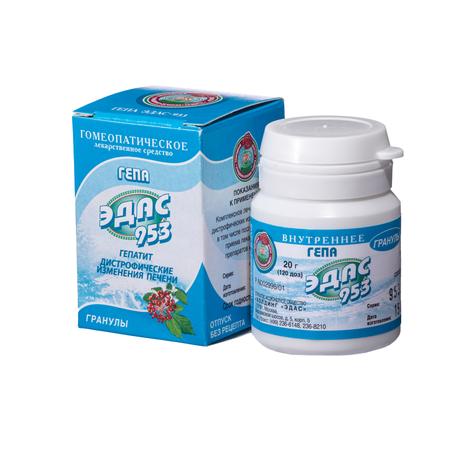 Фото Гепа Эдас-953, для лечения гепатита, дистрофических изменений печени, гранулы гомеопатические, 20 г
