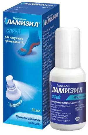 Фото Ламизил противогрибковое средство для лечения грибка стопы, тербинафин 1%, спрей, 30 мл.