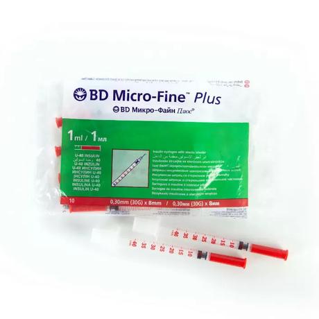 Фото Шприц инсулиновый Micro-Fine Plus U100 с иглой 30G (0,30 х 8,0 мм) 0,5 мл, 10 шт.