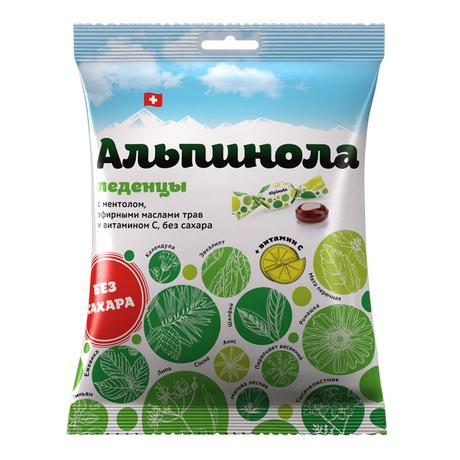 Фото Альпинола леденцы с ментолом, эфирными маслами трав, витамином С без сахара 75 г, 1 шт.