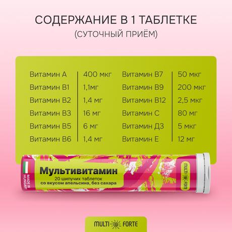 Фото Мультивитамин MultiForte, таблетки шипучие (апельсин без сахара), 20 шт.