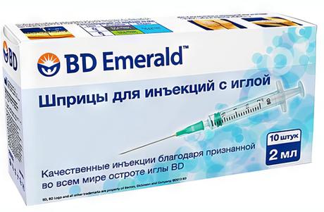 Фото Шприц 3-х компонентный BD Emerald 2 мл, игла 0,6 - 25 мм голубой, 10 шт.