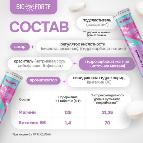 Фото Магний + Витамин В6 BioForte, таблетки шипучие (лимон), 20 шт.