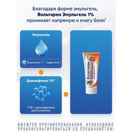 Фото Вольтарен Эмульгель 1% при боли в спине, мышцах и суставах, диклофенак 1%, 20 г