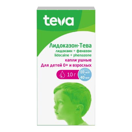 Фото Лидоказон-Тева, капли ушные 10 мг/г +40 мг/г флакон, 10 г
