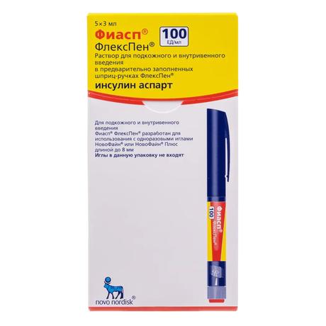 Фото Фиасп, раствор для подкожного и внутривенного введения, картридж в шприц-ручке ФлексПен 100 ЕД/мл, 3 мл, 5 шт.