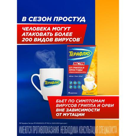 Фото ТераФлю Экстра, жаропонижающее обезболивающее средство от симптомов гриппа и простуды, 4 шт.