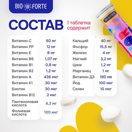 Фото Мультивитамины Юниор BioForte, таблетки шипучие (с ароматом лайма), 18 шт.