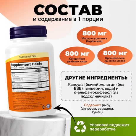 Фото NOW Супер Омега-3-6-9 1200 мг, капсулы массой 1700 мг, 90 шт.