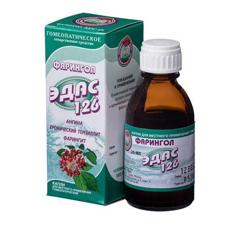 Фото Фарингол Эдас-126, для лечения ангины, хронического тонзиллита, капли гомеопатические, 25 мл 