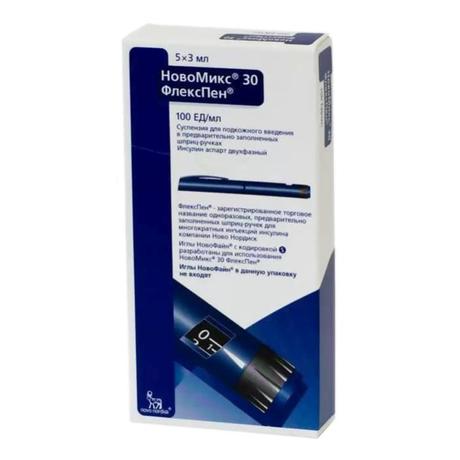 Фото НовоМикс 30 ФлексПен, суспензия для подкожного введения 100 МЕ/мл, шприц-ручки 3 мл, 5 шт.