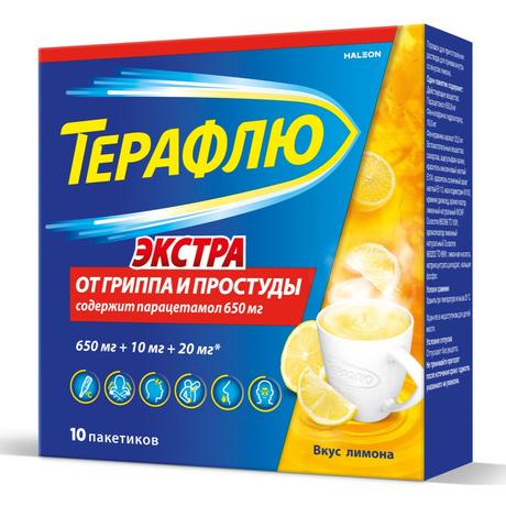 Фото ТераФлю Экстра, жаропонижающее обезболивающее средство от симптомов гиппа и простуды, 10 шт.