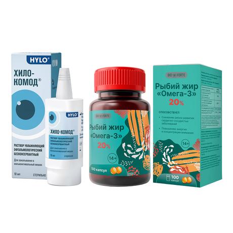 Фото Набор Хило-Комод р-р офтал 10мл и Рыбий жир Омега-3 BioForte кап х100