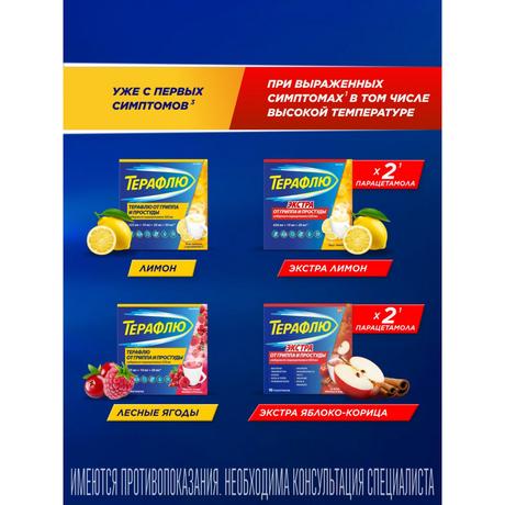 Фото ТераФлю Экстра, жаропонижающее обезболивающее средство от симптомов гриппа и простуды, 4 шт.